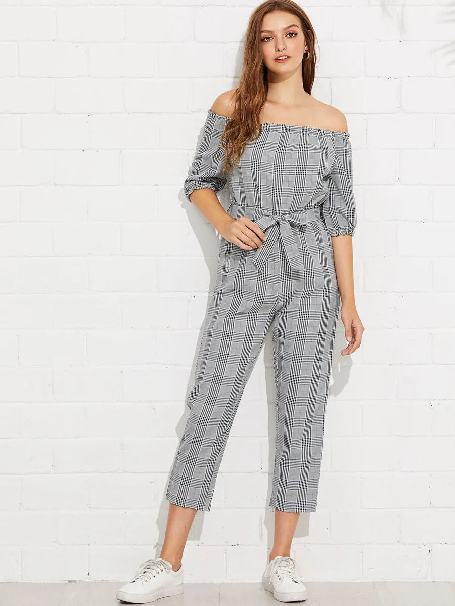 Off Shoulder Tie Waist Plaid Jumpsuit Periwinkley Shop