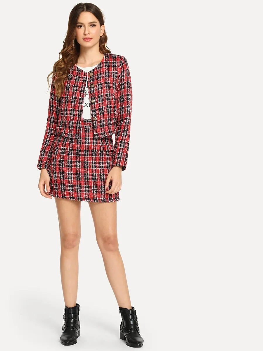 Button Up Plaid Tweed Coat and Skirt Co-ord Periwinkley Shop