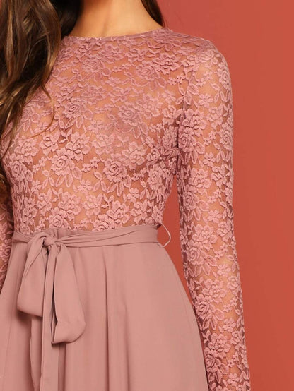 Sheer Lace Insert Belted Skater Dress Periwinkley Shop