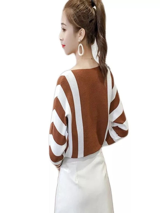 Wide Striped Bat Sleeve  Long Sleeve Top Periwinkley Shop