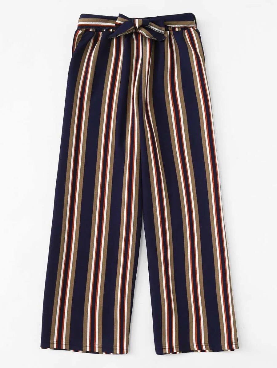 Block Striped Tie Detail Wide Leg Pants Periwinkley Shop