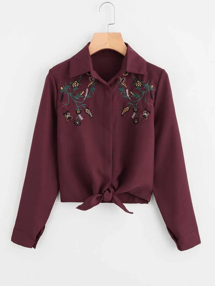 Embroidery Knotted Hem Shirt Periwinkley Shop