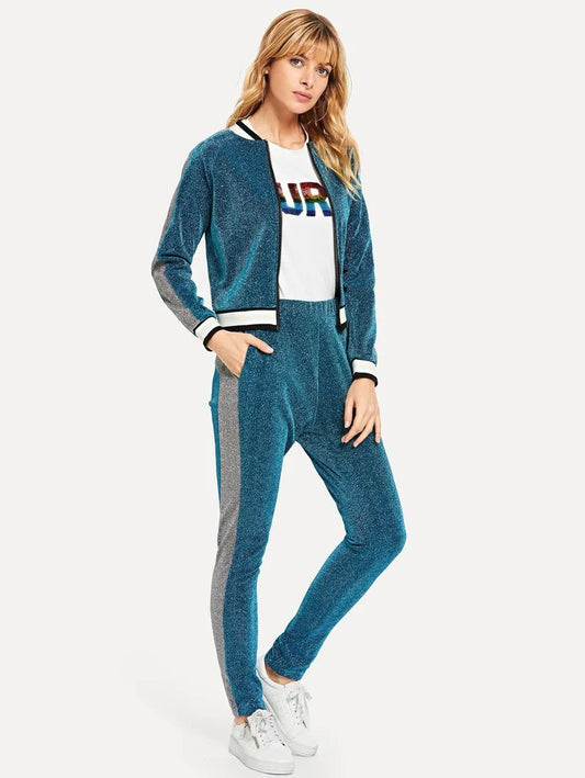 Contrast Trim Sparkle Jacket With Pants Periwinkley Shop