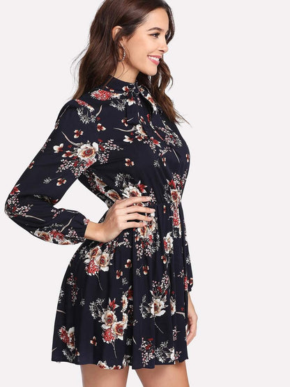 Tie Neck Flower Print Dress Periwinkley Shop
