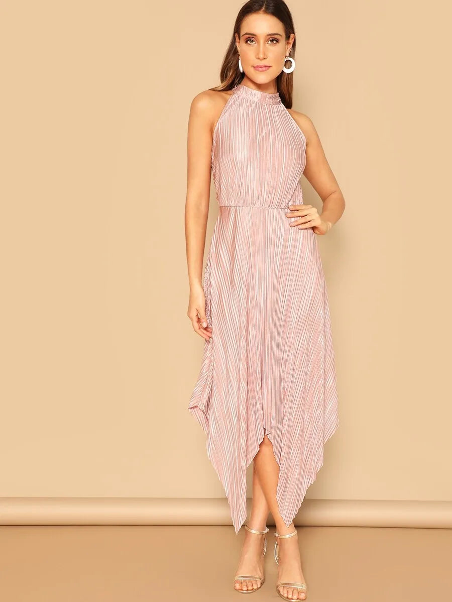 Hanky Hem Keyhole Back Pleated Halter One Piece Dress Periwinkley Shop