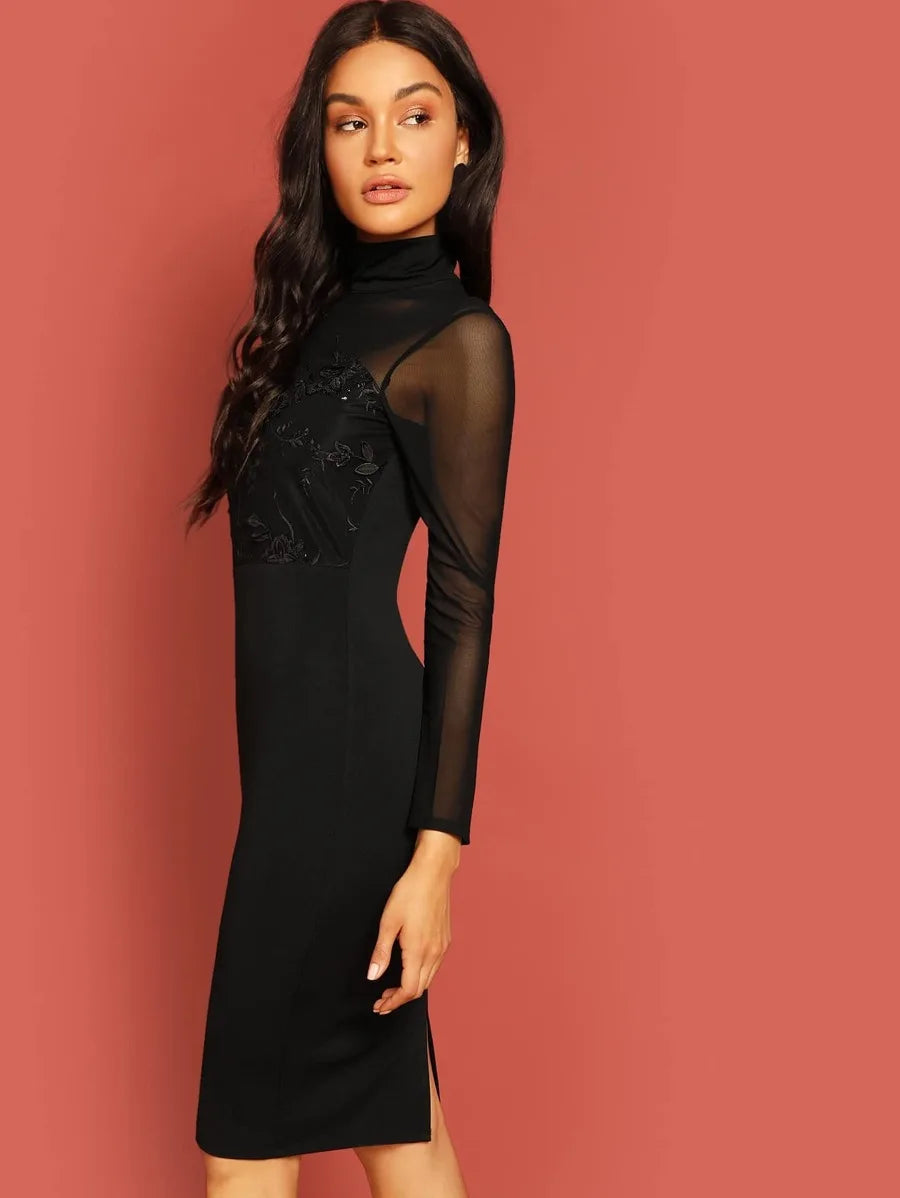 Floral Applique Mesh Sweetheart Bodice Pencil Dress Periwinkley Shop