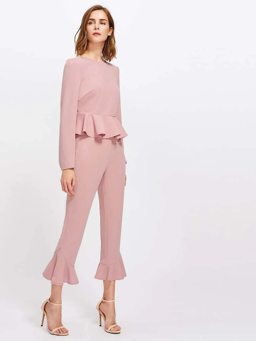Bell Sleeve Peplum Top And  Ruffle Pants Set Periwinkley Shop