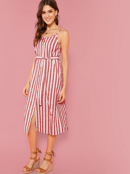 Button Through Self Belt Stripe Cami Dress Periwinkley Shop
