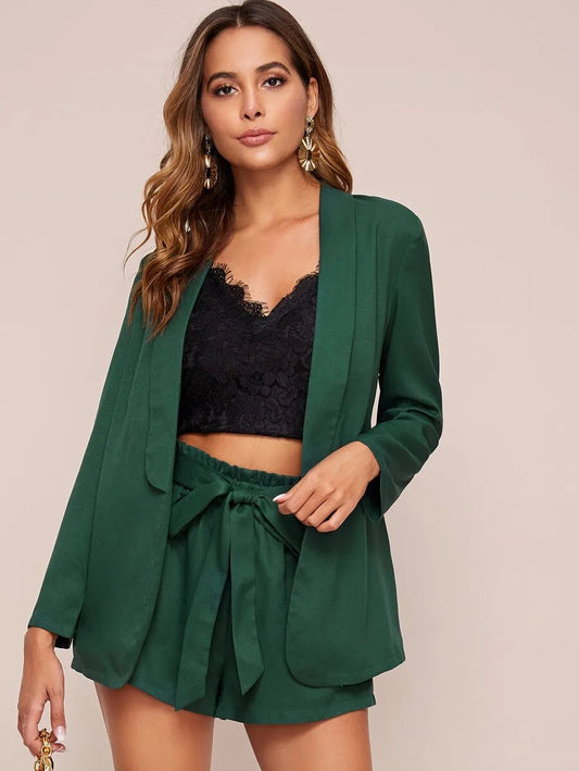 Shawl Collar Solid Blazer & Paperbag Waist Belted Shorts Set Periwinkley Shop