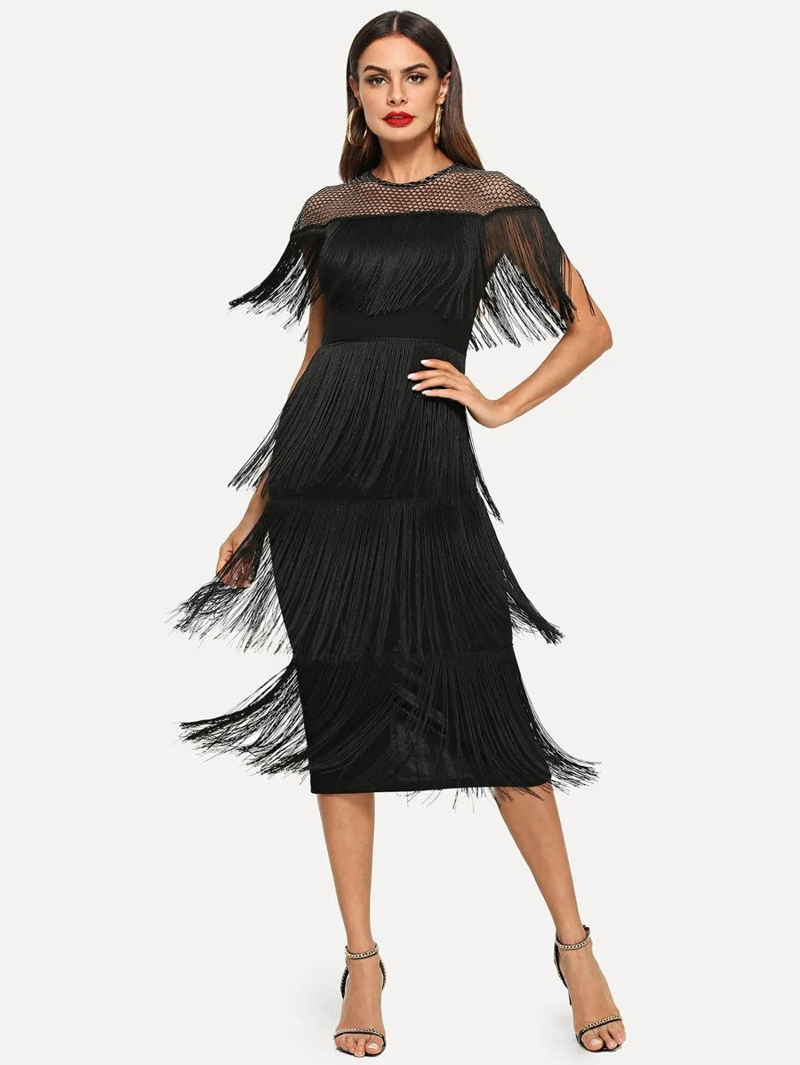 Fishnet Yoke Layered Fringe Dress Periwinkley Shop