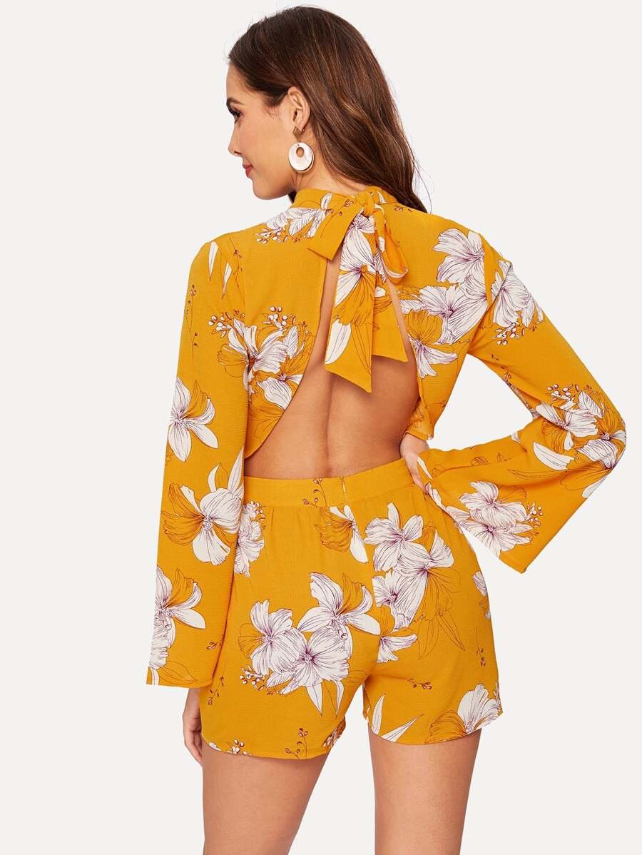 Floral Print Knot Backless Romper Periwinkley Shop