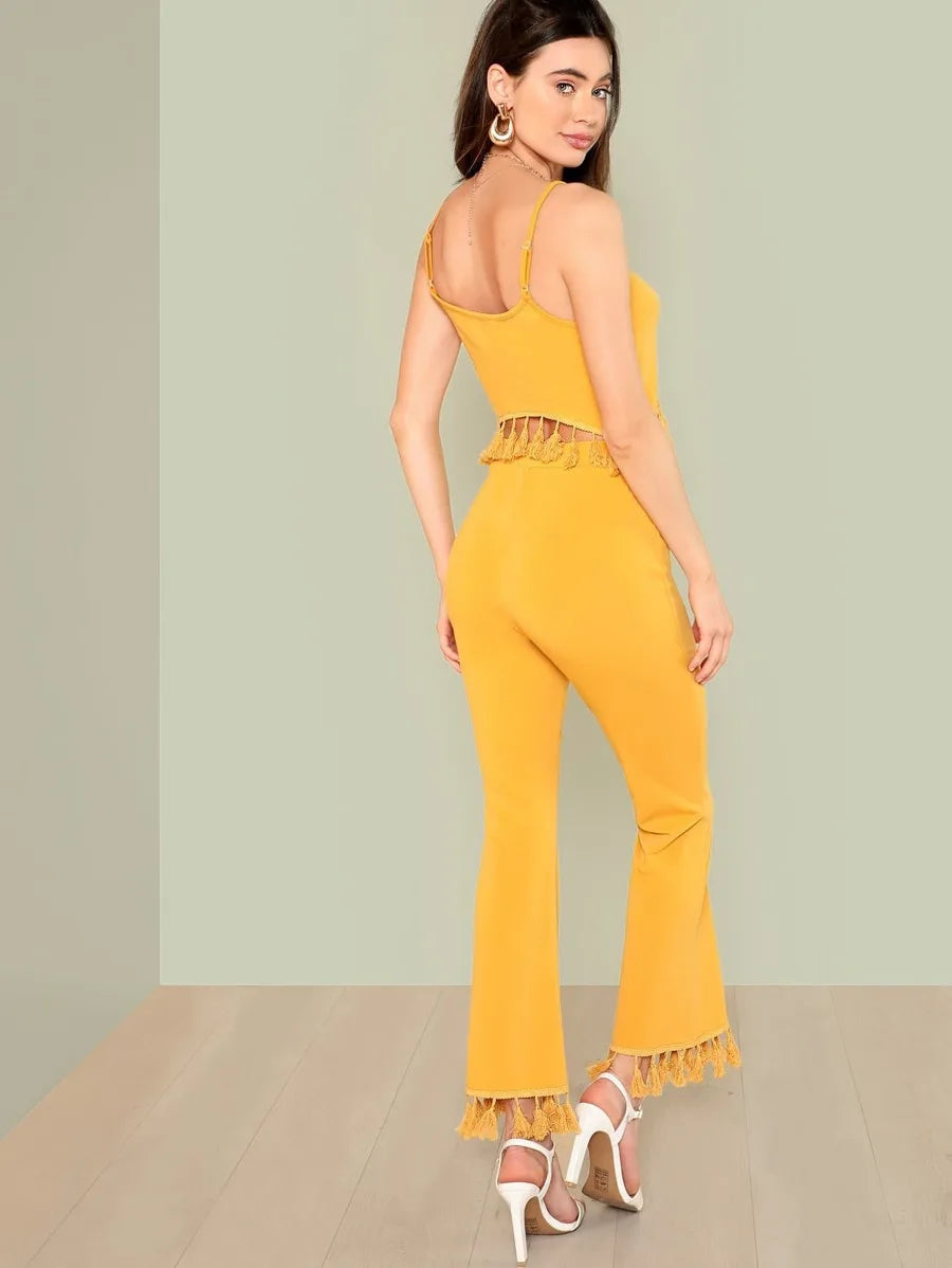 Tassel Detail Crop Cami Top & Pants Set - Yellow Periwinkley Shop