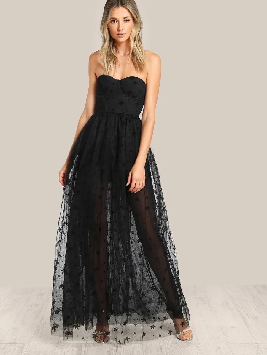 Star Flock Mesh Overlay Strapless Bustier Dress Periwinkley Shop