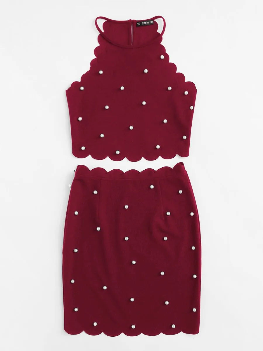 Pearl Beading Scalloped Halter Top & Skirt Set Periwinkley Shop
