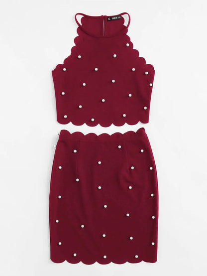 Pearl Beading Scalloped Halter Top & Skirt Set Periwinkley Shop