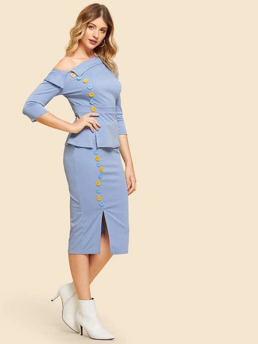 Button Decorated Top With Split Skirt Periwinkley Shop