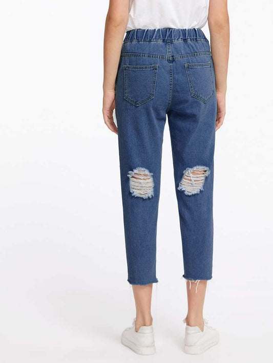 Extreme Destroyed Raw Hem Drawstring Waist Crop Boyfriend Jeans Periwinkley Shop