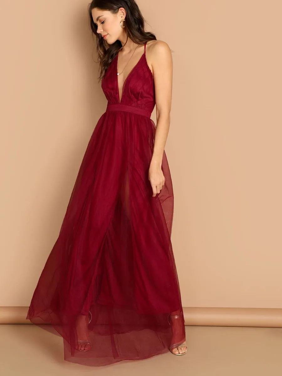Plunging Neck Mesh-Overlay Maxi Dress-Burgundy Periwinkley Shop