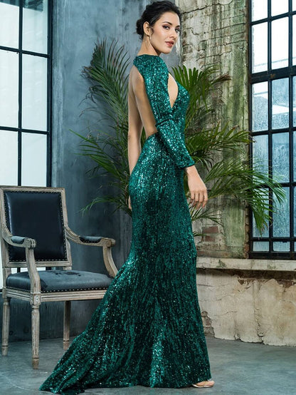 LOVE&LEMONADE Asymmetrical Neck Backless Sequin Floor Length Dress Periwinkley Shop