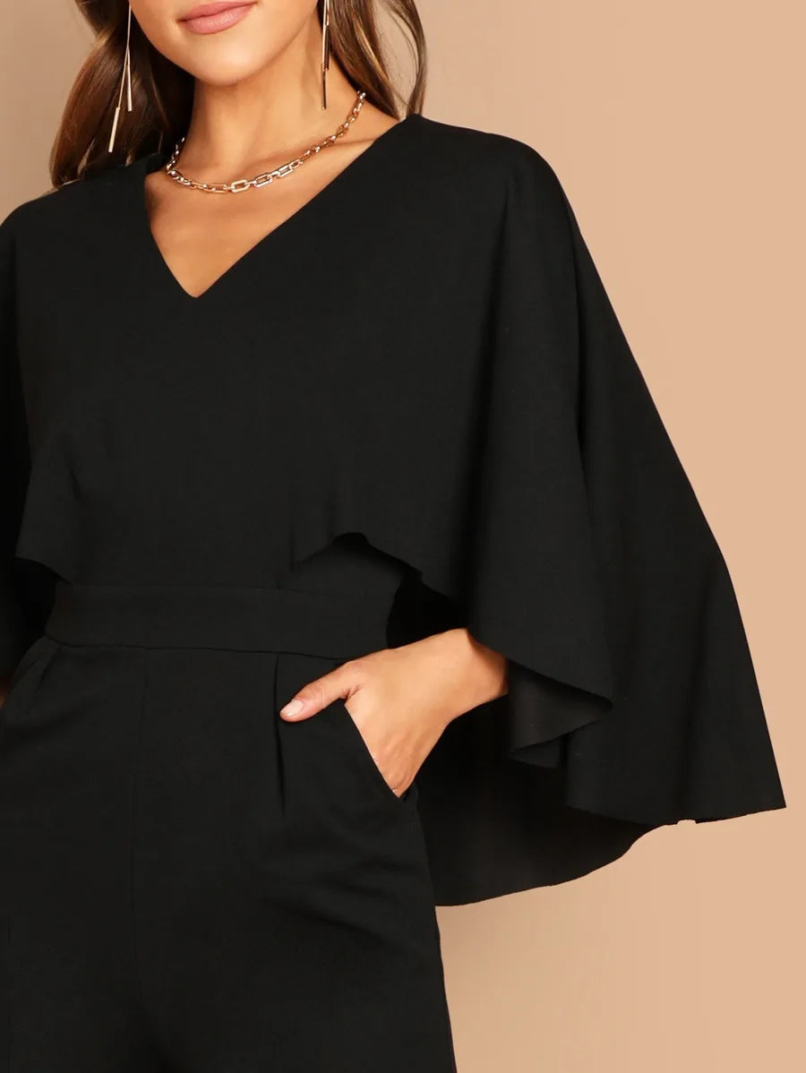V-Neck Solid Cape Jumpsuit Periwinkley Shop