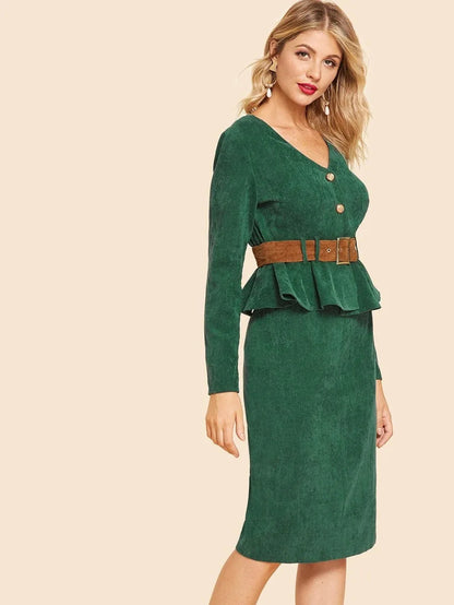 Button Up Belted Top & Skirt Set Periwinkley Shop