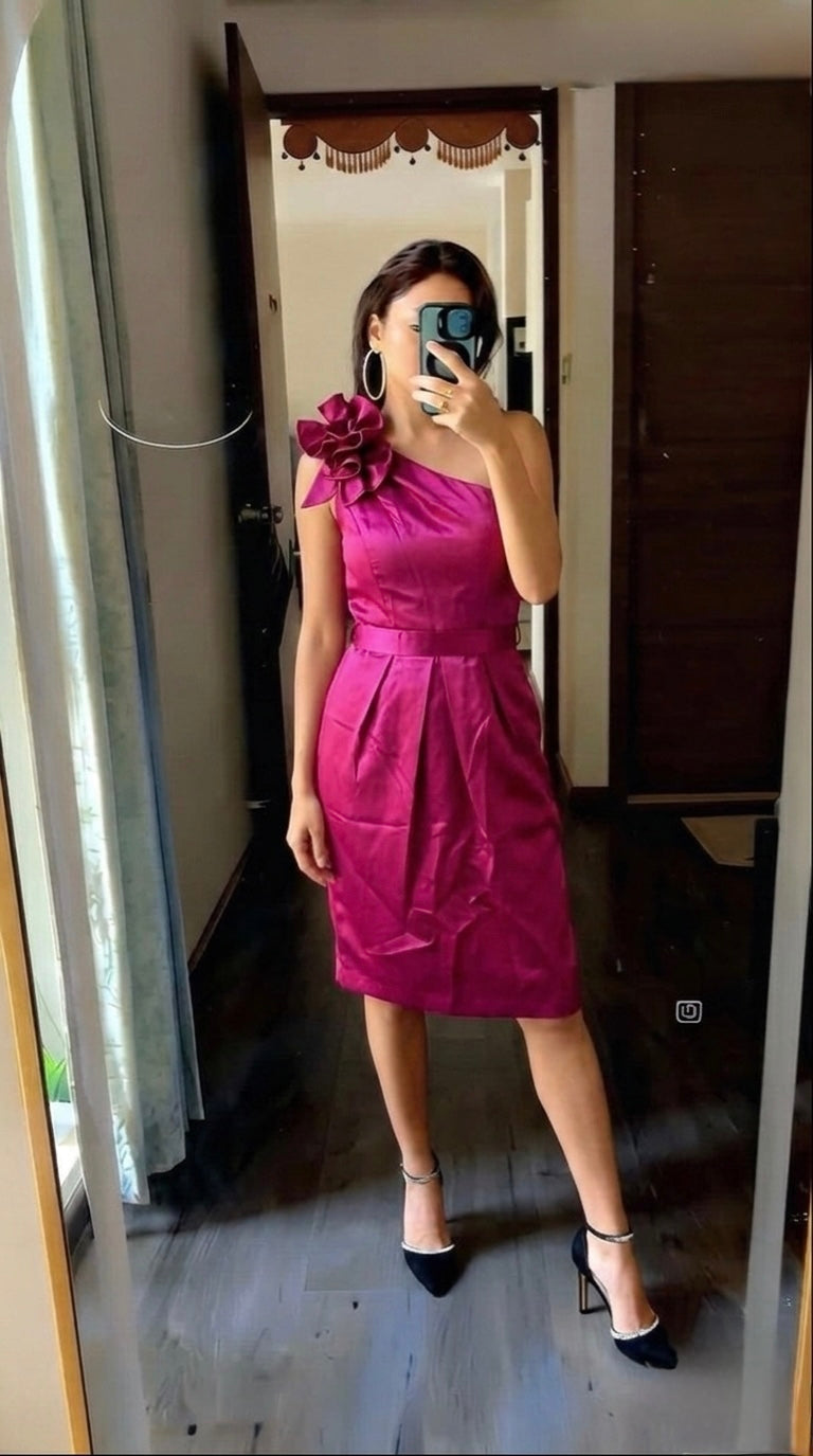 one shoulder waist belted ruffle dress