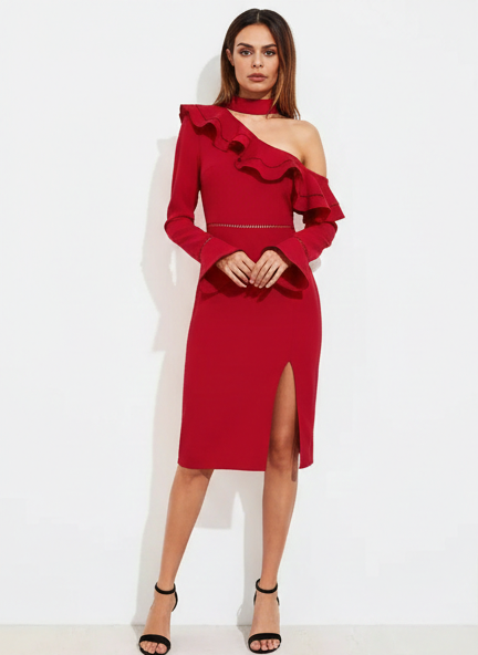 lace insert bell cuff flounce asymmetric shoulder split dress