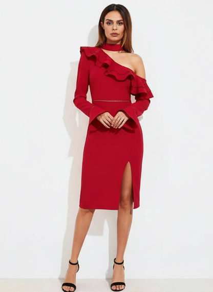 lace insert bell cuff flounce asymmetric shoulder split dress