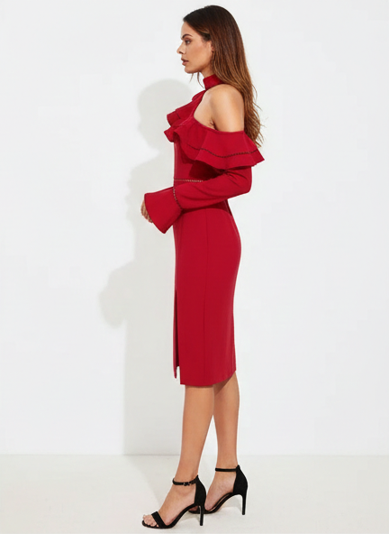 lace insert bell cuff flounce asymmetric shoulder split dress