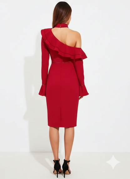 lace insert bell cuff flounce asymmetric shoulder split dress