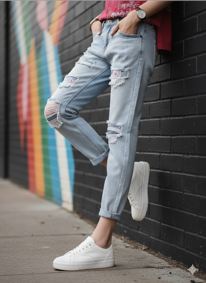 High distressed cutout patch work jeans