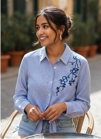 Floral Embroidered striped shirt