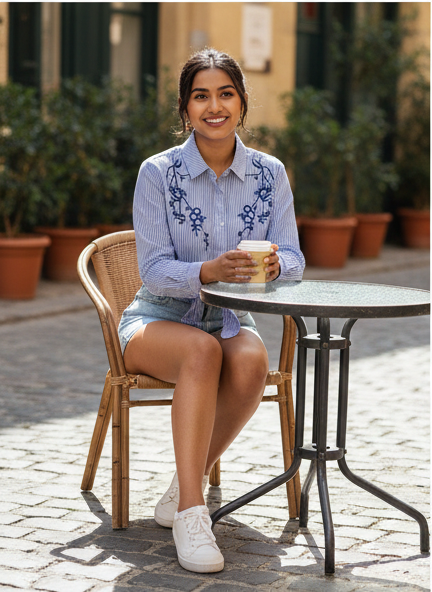 Floral Embroidered striped shirt