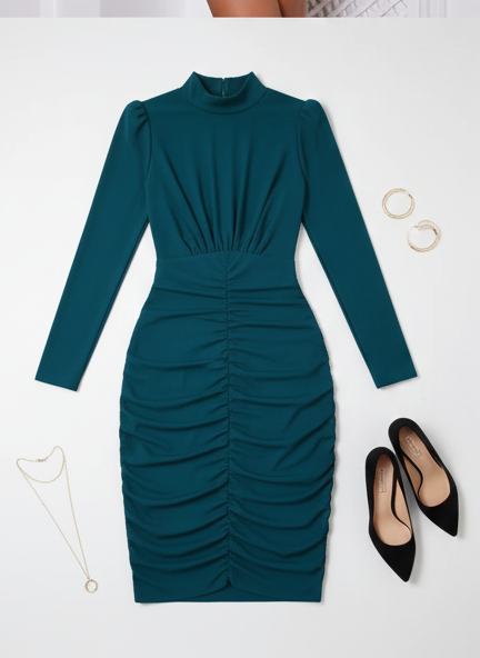 Turtleneck Long Sleeve Hip Pleated Dress