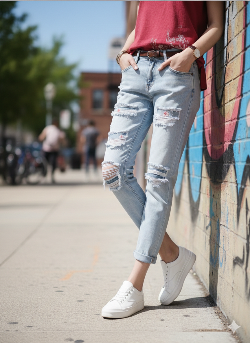 High distressed cutout patch work jeans