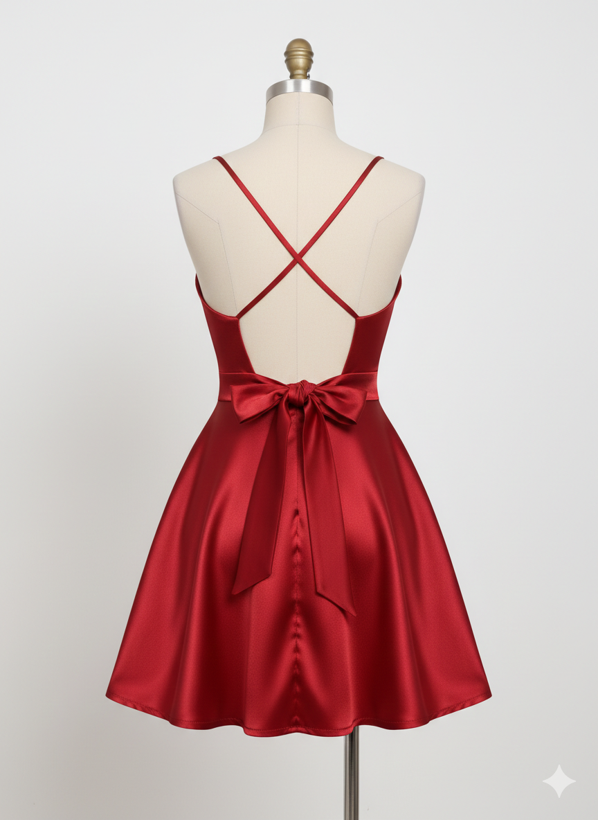 Deep Neck Red Satin Dress