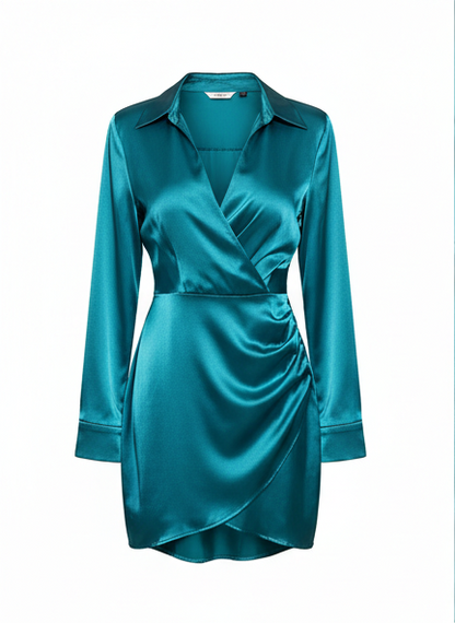 Ruched Bishop Sleeve Satin Dress