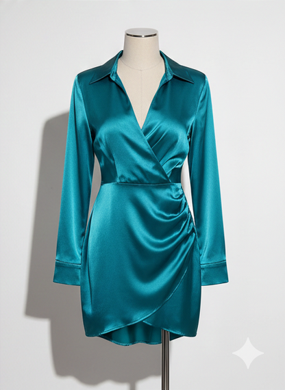 Ruched Bishop Sleeve Satin Dress