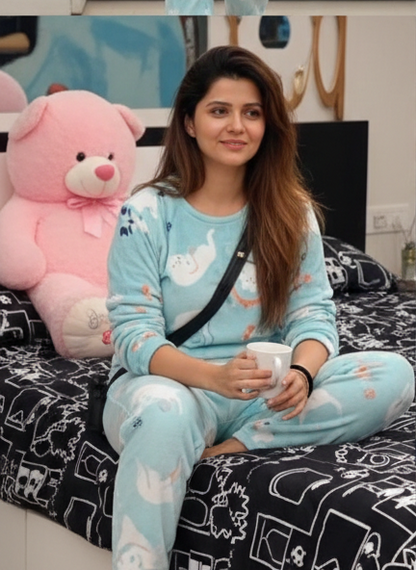 Blue Cartoon Print Fleece Pajama Set