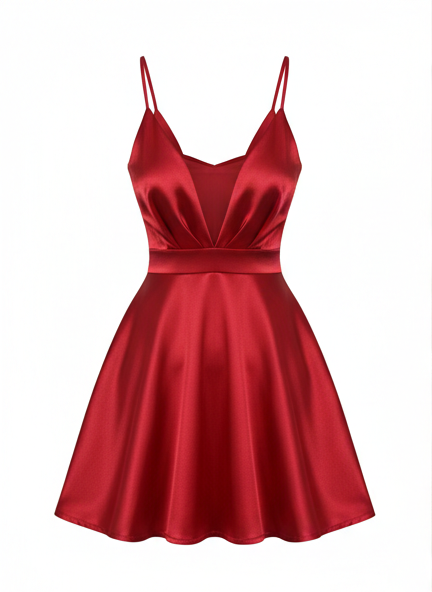 Deep Neck Red Satin Dress
