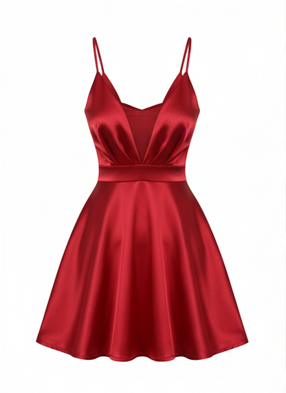 Deep Neck Red Satin Dress