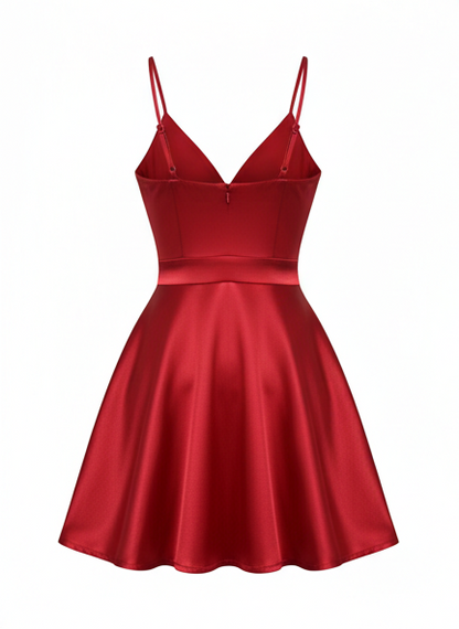 Deep Neck Red Satin Dress