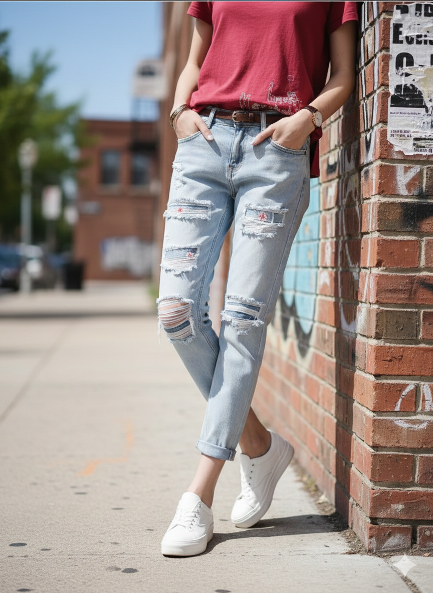 High distressed cutout patch work jeans