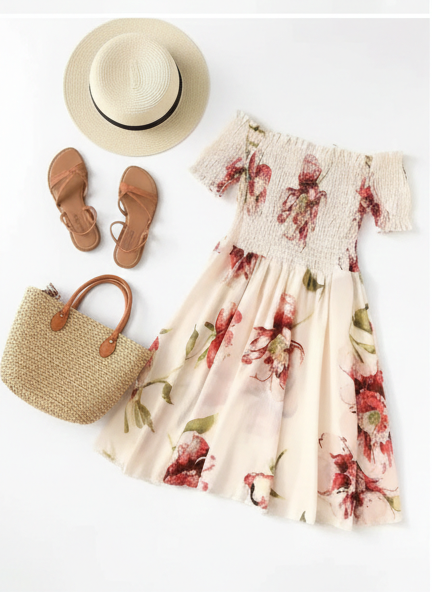 Off Shoulder Pleated Tie Neck Dress