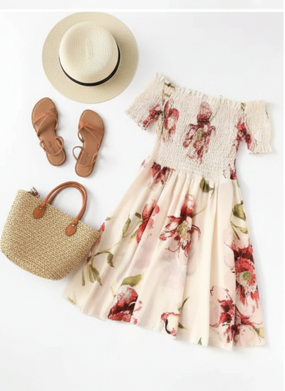 Off Shoulder Pleated Tie Neck Dress