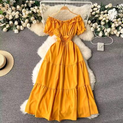 Yellow Off-Shoulder Smocked Maxi Dress with Puff Sleeves