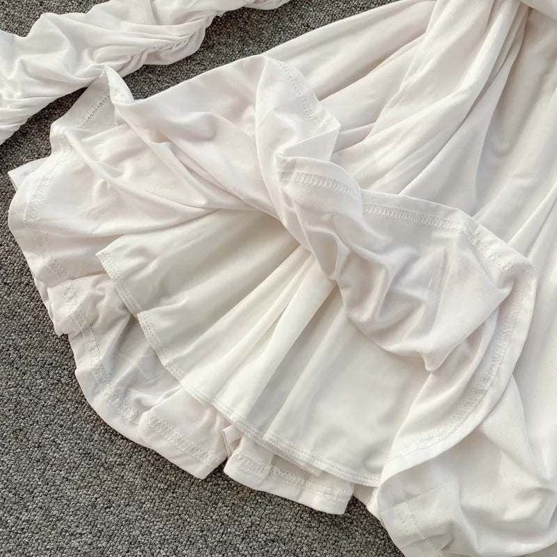 Long Sleeve Pleated Inclined Shoulder sexy white dress Periwinkley Shop