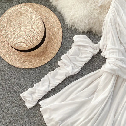 Long Sleeve Pleated Inclined Shoulder sexy white dress Periwinkley Shop