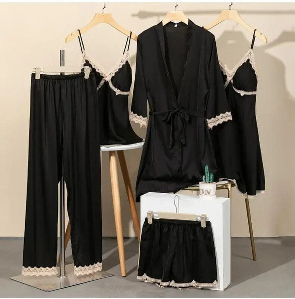 Emily Summer Pajama 5 Piece loungewear, Night suit Set -BLack Periwinkley Shop