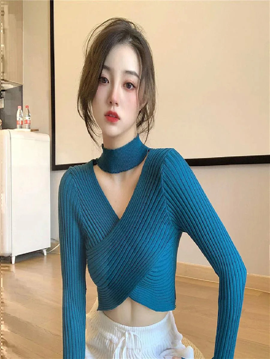 Long Sleeve V-Neck Criss-Cross Crop Pullover Periwinkley Shop